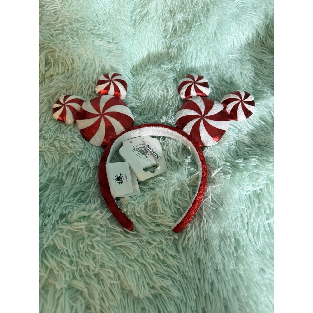 Disney Parks Mickey Mouse Peppermint Swirl Christmas Holiday Ears Headband New